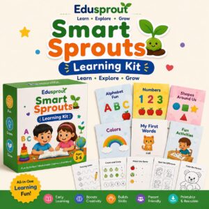 Edusprout Smart Sprouts Learning Kit with colorful educational books, worksheets, puzzles and fun loving activities for young children.