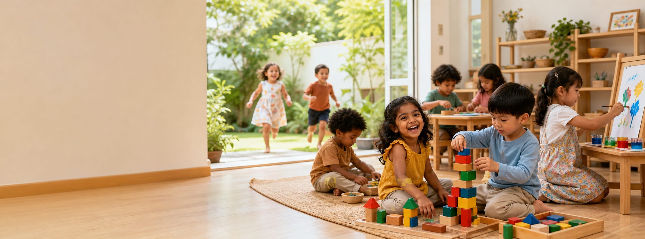 Bright indoor playroom with children playing with blocks, painting, and running in from the garden